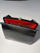 Vintage BOFAN Made in France Black Leather Handbag Red Lining Kiss Lock Purse picture