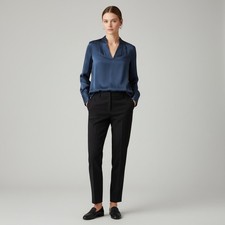 Elie Tahari 100% Silk Navy V-Neck Blouse Long Sleeve Button Cuff Women's M picture