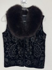 Vintage Adrienne Landau Fox Fur Silk Velvet Vest Collar Embroidered Black USA S picture