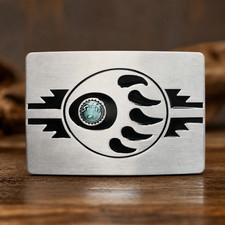 Western Bear Paw Rectangle Metal Belt Buckle Southwestern Turquoise Style picture