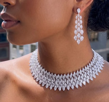 12CT Lab Created Diamond Big Chunky Bridal Choker Necklace Jewelry Set Women picture