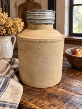 Antique Stoneware Insulated Water Jug Liner Metal Screw Lid Primitive Farmhouse picture