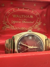 Vintage Waltham 17J Swiss Manual Wind Burgundy Fumé Dial Date Cushion Box picture