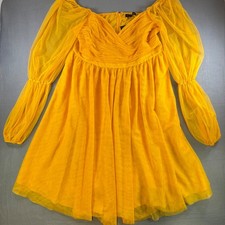 Eloquii Yellow Mesh Ruched Mini Dress Long Sheer Puff Sleeve Plus Size 18 NWT picture