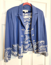 ST. JOHN Collection Marie Gray Blue Knit 2 Piece Cardigan Shell Buttons Size 12 picture