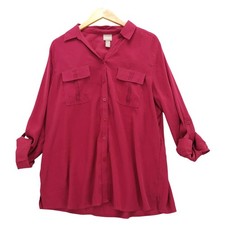Chicos Roll Tab Sleeve Button Down Shirt Sz 3 XL Top Pintuck Pockets picture