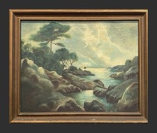 Atmospheric Antique 1930 Rocky Coastal Scene Oil Painting by Mary Ellen Grisham picture