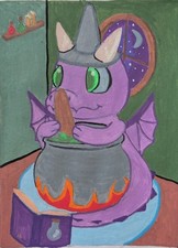 ACEO Original (OOAK) Cute Dragon Brewing Potion, 2.5x3.5 Art Card picture