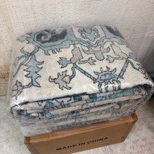 8x10ft Low Pile Area Rug, Machine Washable- Vintage Floral Teal/Blue, White picture