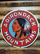 VINTAGE ADIRONDACK MOUNTAINS PORCELAIN SIGN OLD INDIAN NEW YORK STATE PARK CHIEF picture