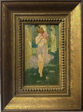 Belgian School (19Th Cen-ry) : Nymph In A Garden, Oil On Panel , Signed picture