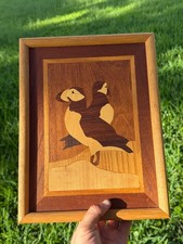Vtg Handcrafted Wooden Puffin Intarsia Marquetry Wall Art Mosaic Picture Frame picture