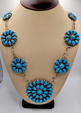 Silver Tone Blue Turquoise Flower Cluster Statement Cable Chain Charm Necklace picture