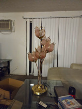 vintage Italian Floral Glass and Brass Tulip Table Lamp, 1970s red description  picture