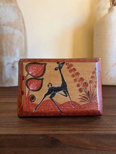 70’s Vtg Hand Painted Ceramic Trinket Box Rectangle Deer Floral Tan Red Black picture