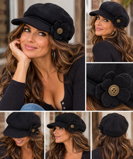 Y2K C.C Exclusives Black Wool Blend Newsboy Cap Flower Baker Boy Cabbie Hat picture