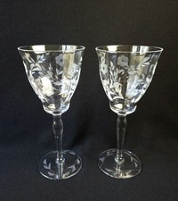 Vintage Crystal Optic Floral & Leaf Motif Etched Stemmed Wine Glasses Set of 2 picture