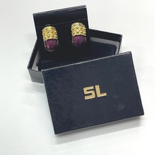 St. John Vintage Gold Purple Enamel Beaded Clip On Earrings with Box SL Knits picture