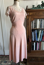 Vintage 1920s 1930s Pink Rayon Dress Lace Sleeve Bias Cut Art Deco Antique Small picture