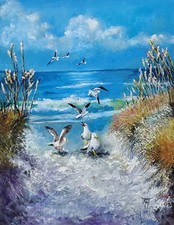 YARY DLUHOS Beach Sand Seascape Ocean Waves Sea Gulls Original Art Oil Painting picture