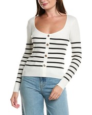 NWT T Tahari White Pullover Navy Striped Wide Neck Sweater Gold Buttons $78 XS picture