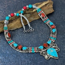 Turquoise Gemstone Handmade 925 Sterling Silver Tribal Nepali Jewelry Necklace picture