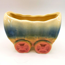 Vintage Shawnee Pottery Ceramic Novelty Wagon Planter Blue Yellow Pink Beige picture