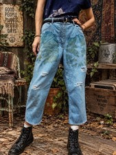 Botanical Cyanotype Jeans Distressed Dirty Pants Cropped Vintage Denim Upcycled picture