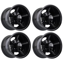 Set of 4 GTW Godfather 10x7 Gloss Black Aluminum Golf Cart Wheel | 3:4 Offset picture