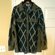 Gimmicks Women’s Green/White Argyle Lace Button Front Collared Shirt Pockets L picture