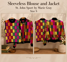 St. John Sport Marie Gray Multicolor Silk Haute Zip Jacket & Matching Top SMALL picture
