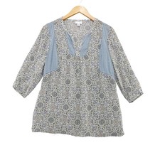 J. Jill Tunic Blouse Womens Small Petite Blue Paisley Medallion Boho 3/4 Sleeve picture