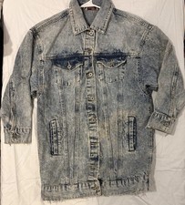 Highway Jeans Acid Wash Distressed Denim Jacket Unisex Size M Long Duster Trench picture
