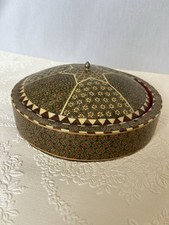 Persian Khatam Kari Round Wooden Jewelry Vanity Trinket Box Red Velvet Lined picture
