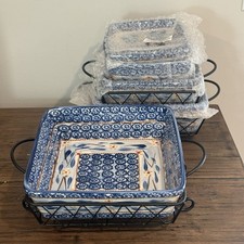 Temp-tations Old World Blue Square Bakeware Set Serving Racks QVC K8103 picture