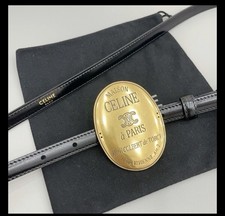 Women's Celin*e 1.3cm/0.51in Black Leather Belt gold retro oval badge buckle picture
