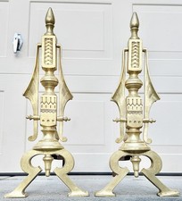 Antique Aesthetic Movement Brass Fireplace Andirons Fire Dogs Pair c. 1890-1900s picture