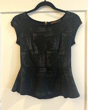 The Limited Black Abstract Peplum Blouse Round Neck Cap Sleeve Zip, S picture