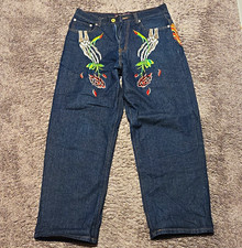 Christian Audigier Men’s Dark Wash Skull Embroidered Straight Jeans picture
