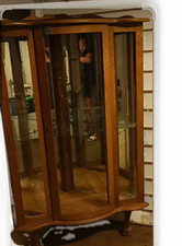 Antique Oak Wood Curio Cabinet w/ Glass Door & Glass Shelves, 65in Tall picture