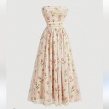 Blush Pink Tulip Floral Print Dress Women M Strapless Elastic Waist Shein Mod picture