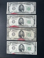 $5 1934-A Chicago Federal Reserve Notes Lot of 4 Circulated. Red spots. picture