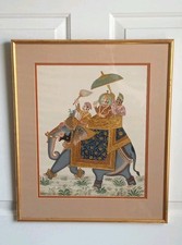 Vintage Mughal Indian Silk Painting Royal Elephant Procession Art picture