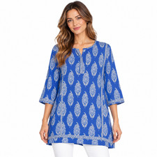 EAST ARTISAN x ANOKHI Block Print Tunic Top Blue White Silver Metallic Large picture