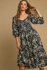 Umgee Black Two Tone Floral Smocked Top Midi Dress w/3/4 Puff Sleeves picture