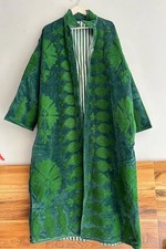 Boho Green Velvet Duster Coat Embroidered Fish Floral Long Jacket Kaftan Kimono picture