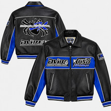 Avirex Men’s Black Blue Spider Racer Leather Jacket – New with Tags, All Sizes picture