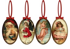 12 VINTAGE INSPIRED OVAL CHRISTMAS ORNAMENTS GLOSSY LAMINATED picture