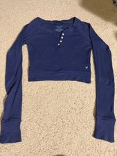 american eagle cropped navy blue button up henley top XS, Y2k vintage picture