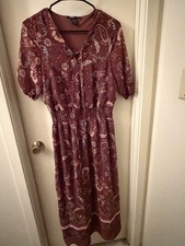 Robert Louis Brown Paisley V-Neck Shift Midi Dress Short Sleeve Elastic M picture